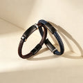 QIKU Custom Stainless Steel Black Matte Metal Charm Men's Handmade Braided Real Leather Boyfriend Bracelet with Magnetic Clasp