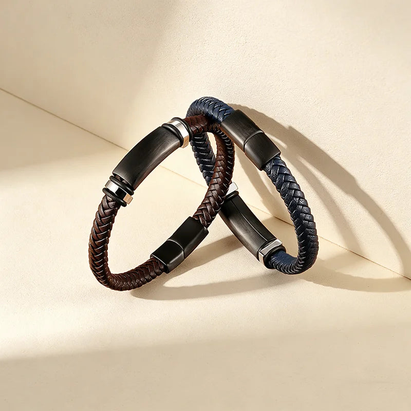 QIKU Custom Stainless Steel Black Matte Metal Charm Men's Handmade Braided Real Leather Boyfriend Bracelet with Magnetic Clasp