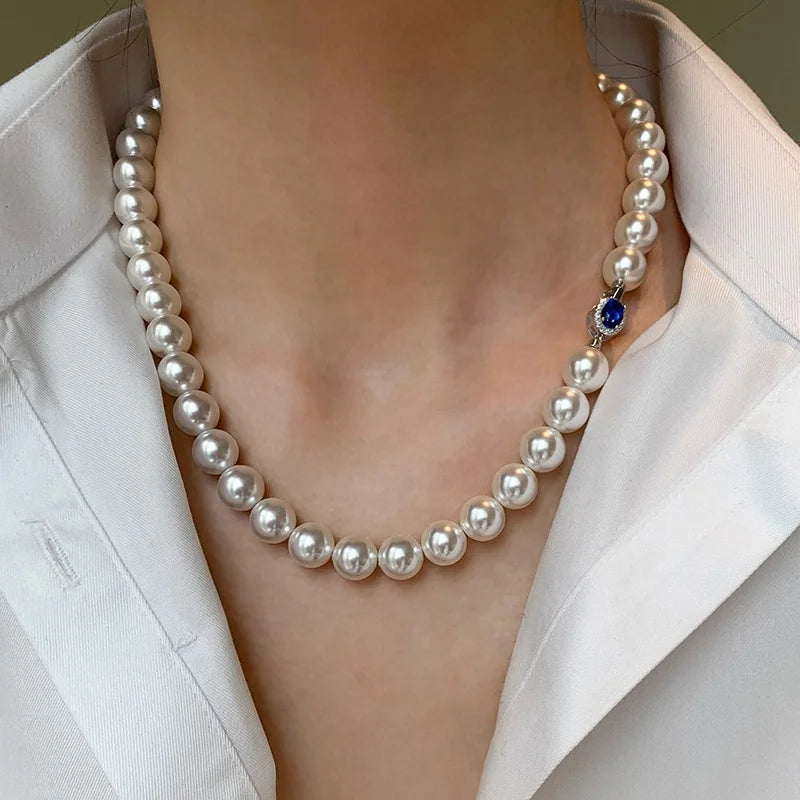 Original Design S925 Silver Blue Gemstone Clasp Premium Bright White Crystal Pearl Necklace for Mom Gift Jewelry Customized