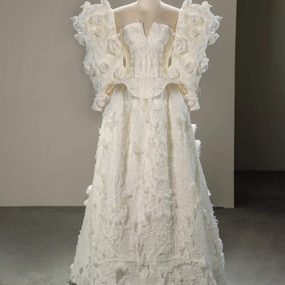 Jancember SFY189 Chic 3d Flower Special Design Wedding Dresses With Detachable Sleeve