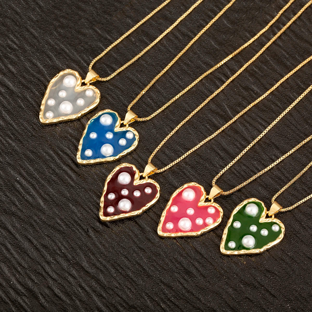 QIKU Copper Heart Pendant Sharp Luster Pearl Zircon Round Beads Necklace 5 Color Pendant Romantic Glamorous Party Jewelry