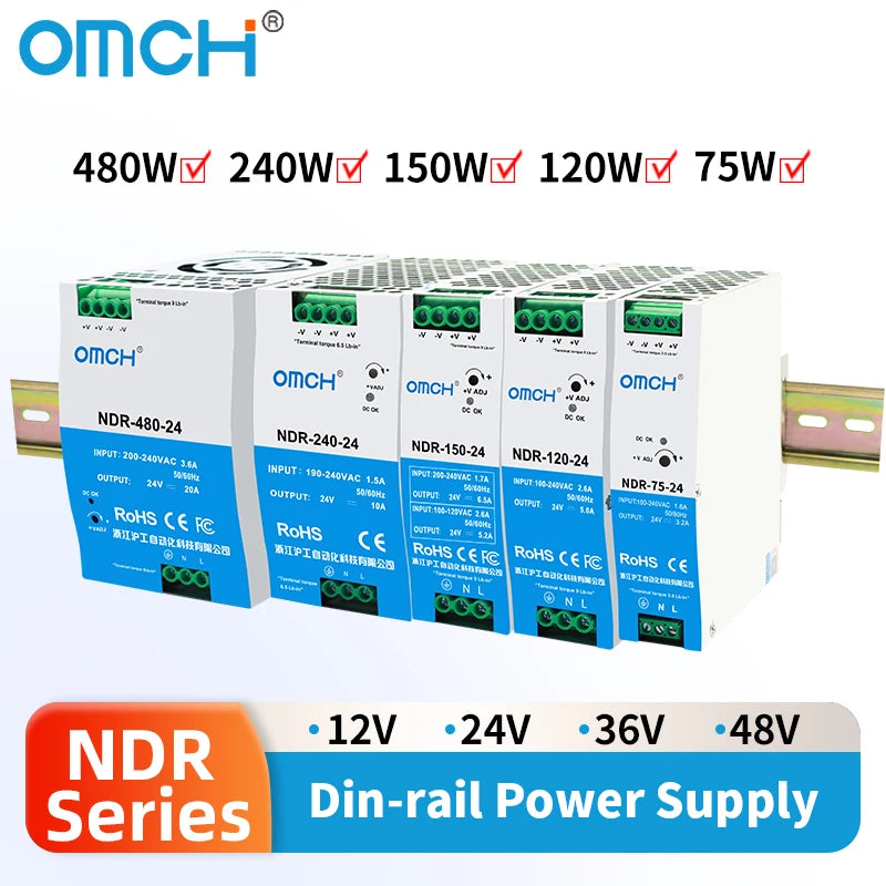 OMCH NDR Series 75/120/150/240/480W AC to DC Din-rail Switching Power Supply 100-240 or 200-240VAC Input 12V/24V/36V/48V Output