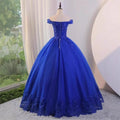 Luxury Royal Blue Quinceanera Floor-Length Party Ball Gown off Shoulder Lace Applique Beaded Corset Princess Prom Evening Dress MegaBDM
