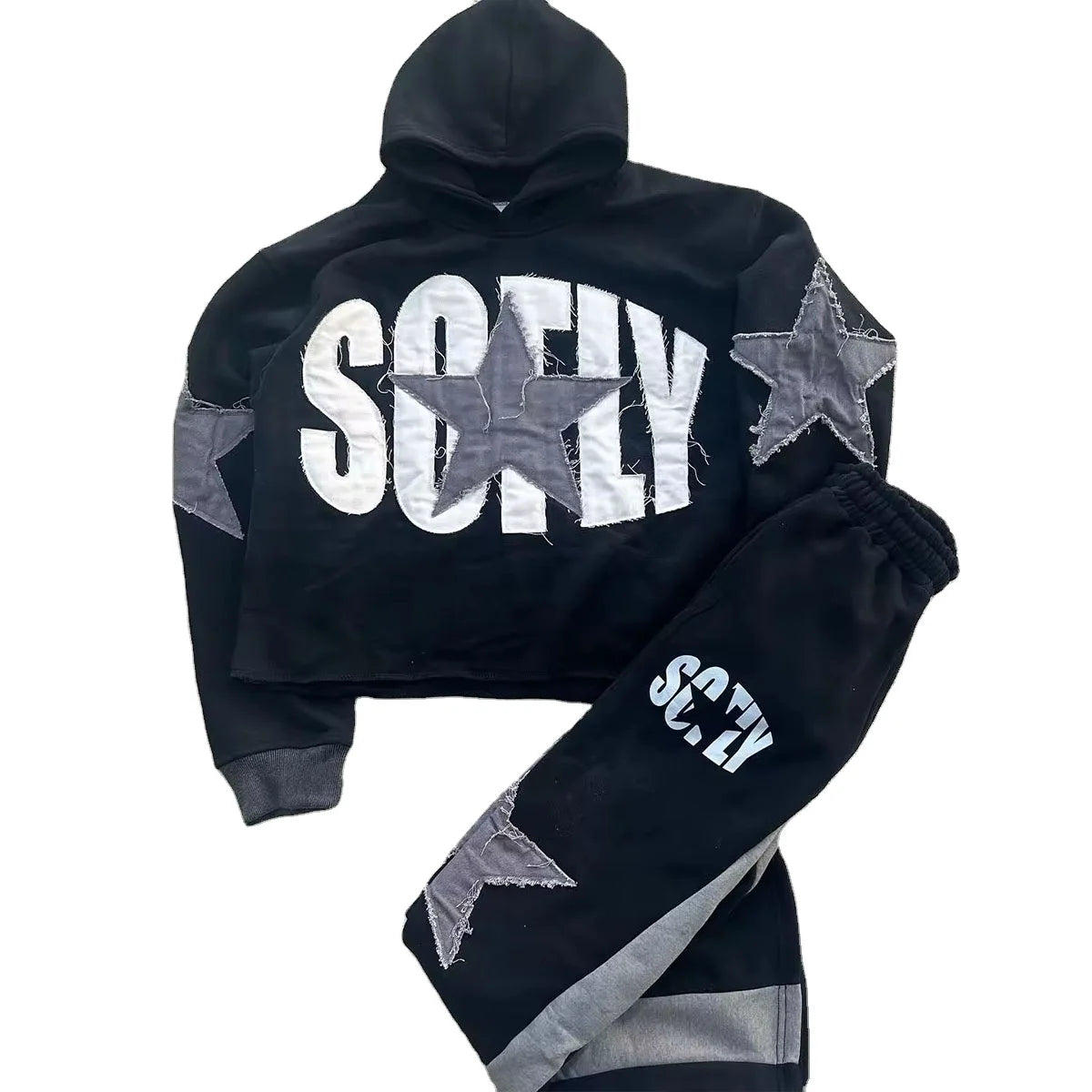 Custom Winter Solid Heavyweight 500GSM 100% Cotton Tracksuit Set for Men Women Zip Hoodie Flared Joggers Streetwear Applique