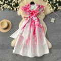Plus Size Spring Roman V-Neck Tunic Slim Casual Midi Dress For Women Butterfly Sleeve Empire Printed Lace Vestidos