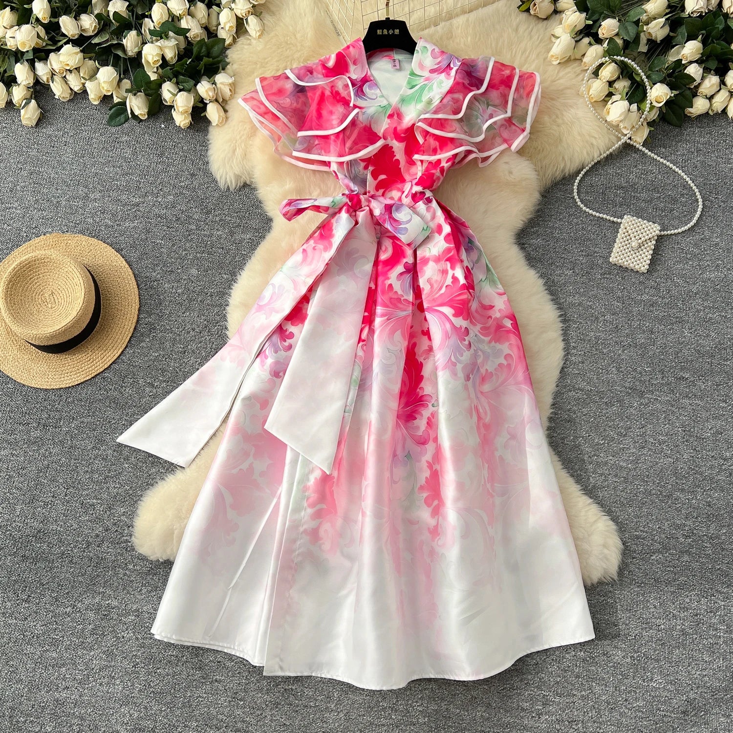 Plus Size Spring Roman V-Neck Tunic Slim Casual Midi Dress For Women Butterfly Sleeve Empire Printed Lace Vestidos