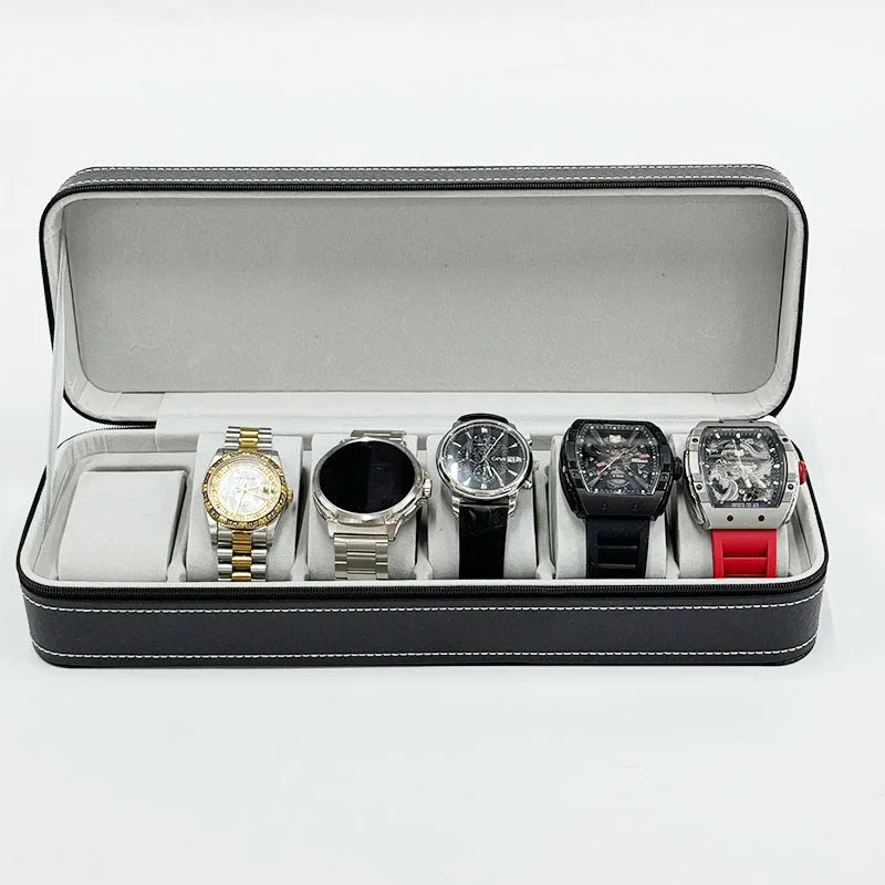Men's 6-Slot Black Leather Zippered Watch Storage Box Convenient Watch Boxes & Cases Storage