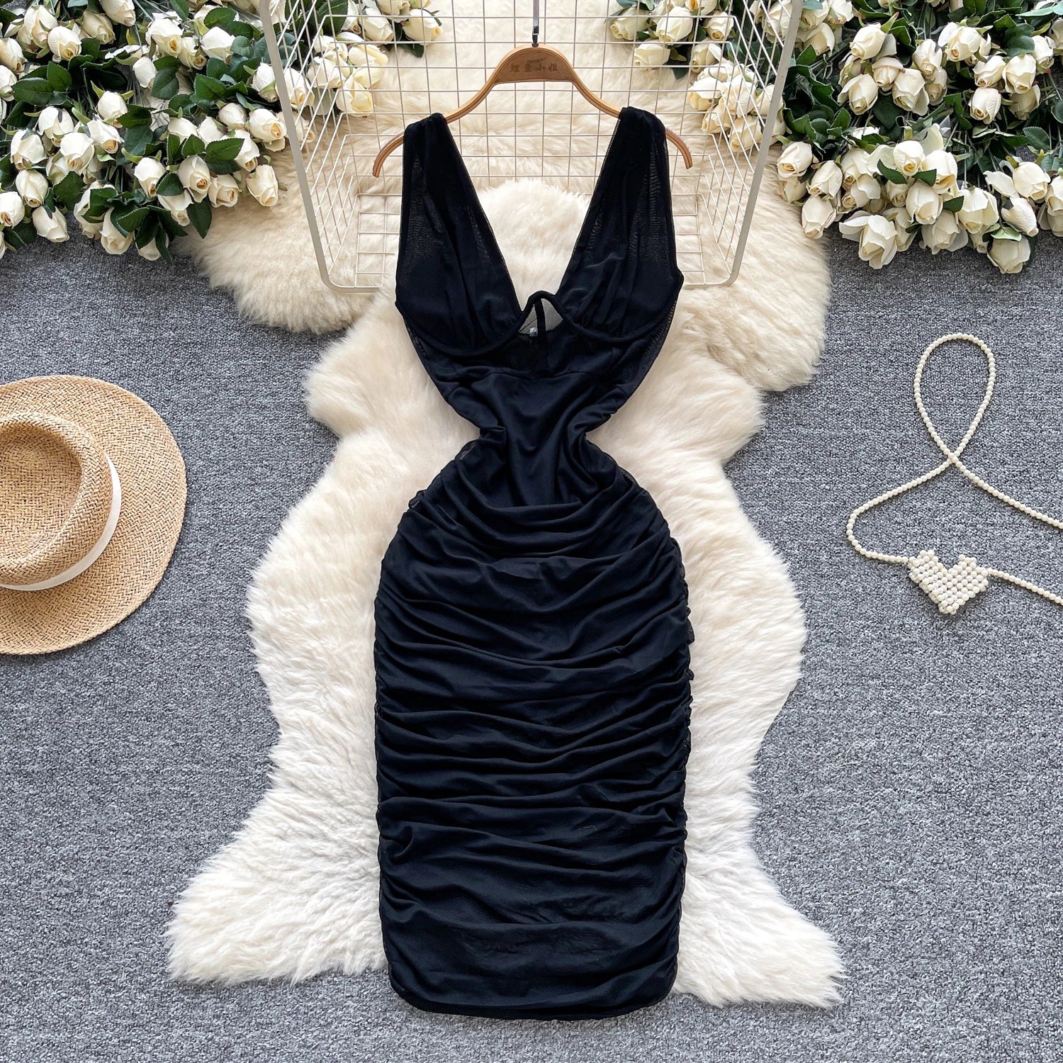 2025 Summer Y2K V-Neck Tunic Hip Midi Dress for Women Empire Lace Dress
