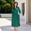 2026  Lady Elegant Fall Dress A-Line V Neck Loose Waist Lace Boho Dress Emerald Green Bohemian Midi Dress for Women