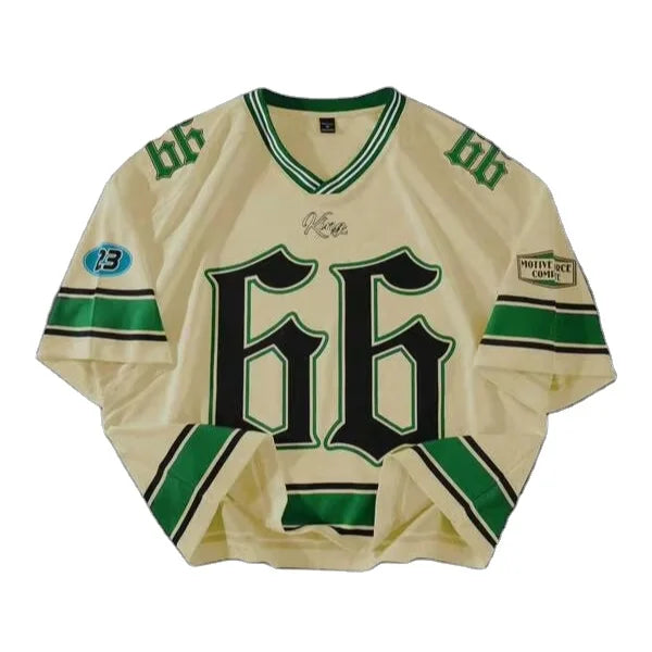 Beige Green Hip Hop 66 Mesh Jersey Shirt Men Oversized Streetwear O-Neck Varsity Sports Custom Men's T-shirts Long 100% Cotton