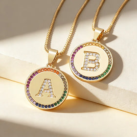 QIKU Classic A-Z Name 26 Initial Letter Colorful Rhinestone Pendant Women Necklace Copper Zircon Jewelry Birthday Gift Wholesale