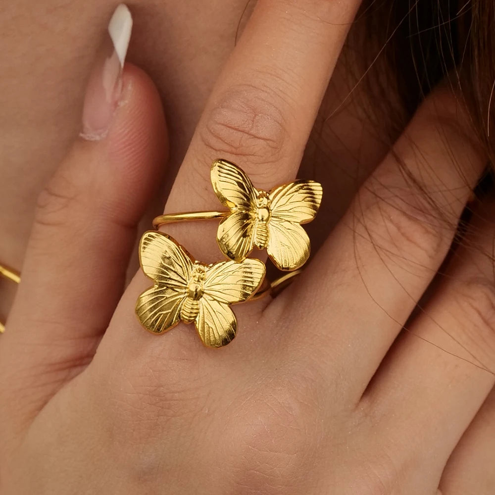 2023 New Trend 18K Gold Plated Double Butterfly Open Rings Stainless Steel Fashion Jewelry for Women