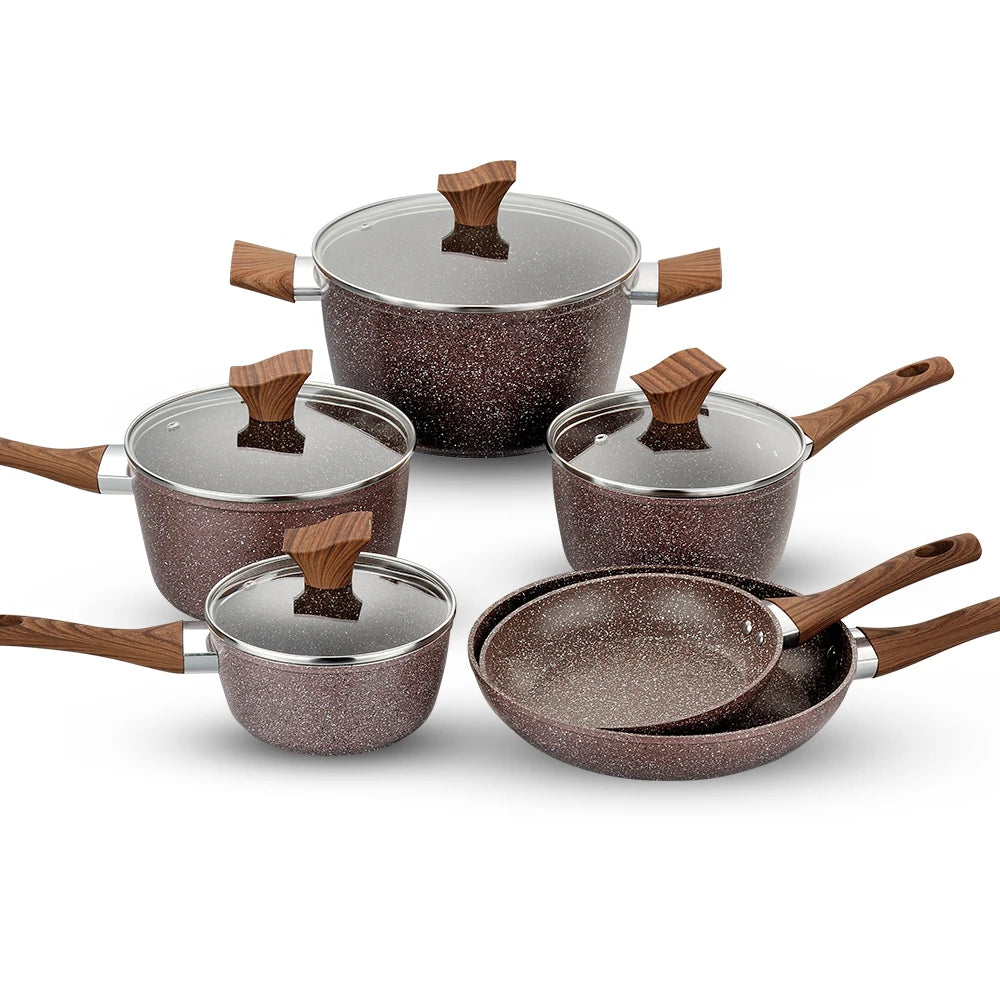 Wholesale Modern Non-Stick Metal 5-Piece Kitchen Pans Pots Set Clear Glass Lids Wood Hand Grip Gas Induction Ready Eco-Friendly MegaBDM
