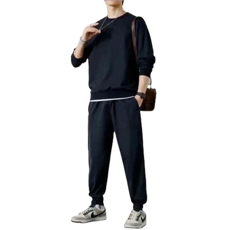OEM Customized Logo Design winter new round neck men long sleeved trousers waffle sweater suit