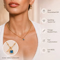 Custom Initial Necklace Square Blue Cubic Zirconia Pendant 18K Gold Plated Stainless Steel Waterproof Beaded Chain Jewelry MegaBDM