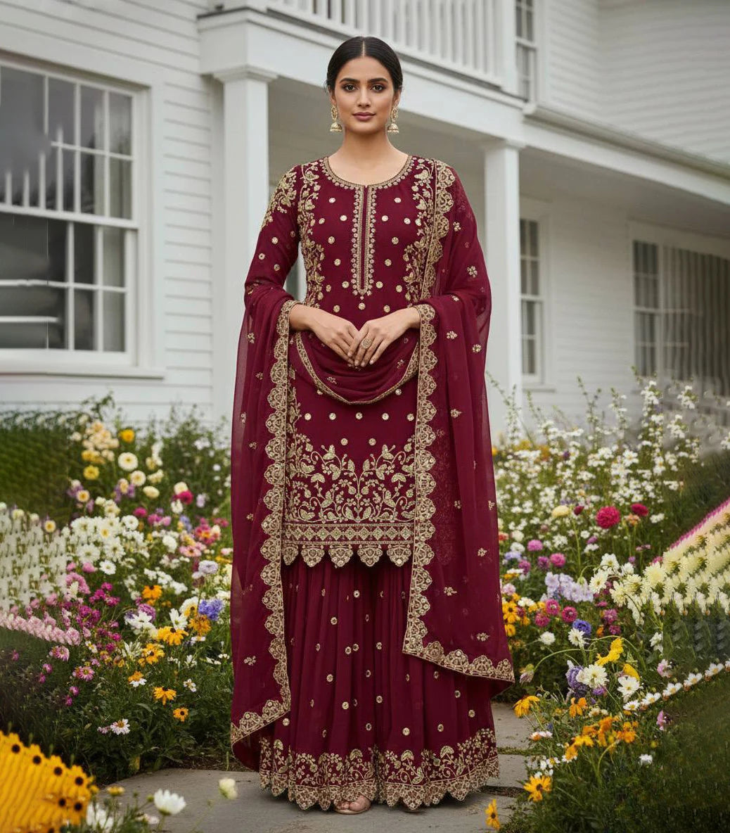 Stitched Sharara Gharara Indian Embroidery Work Traditional Ethnic 3-Piece Set Georgette Silk Winter Summer Wedding Diwali