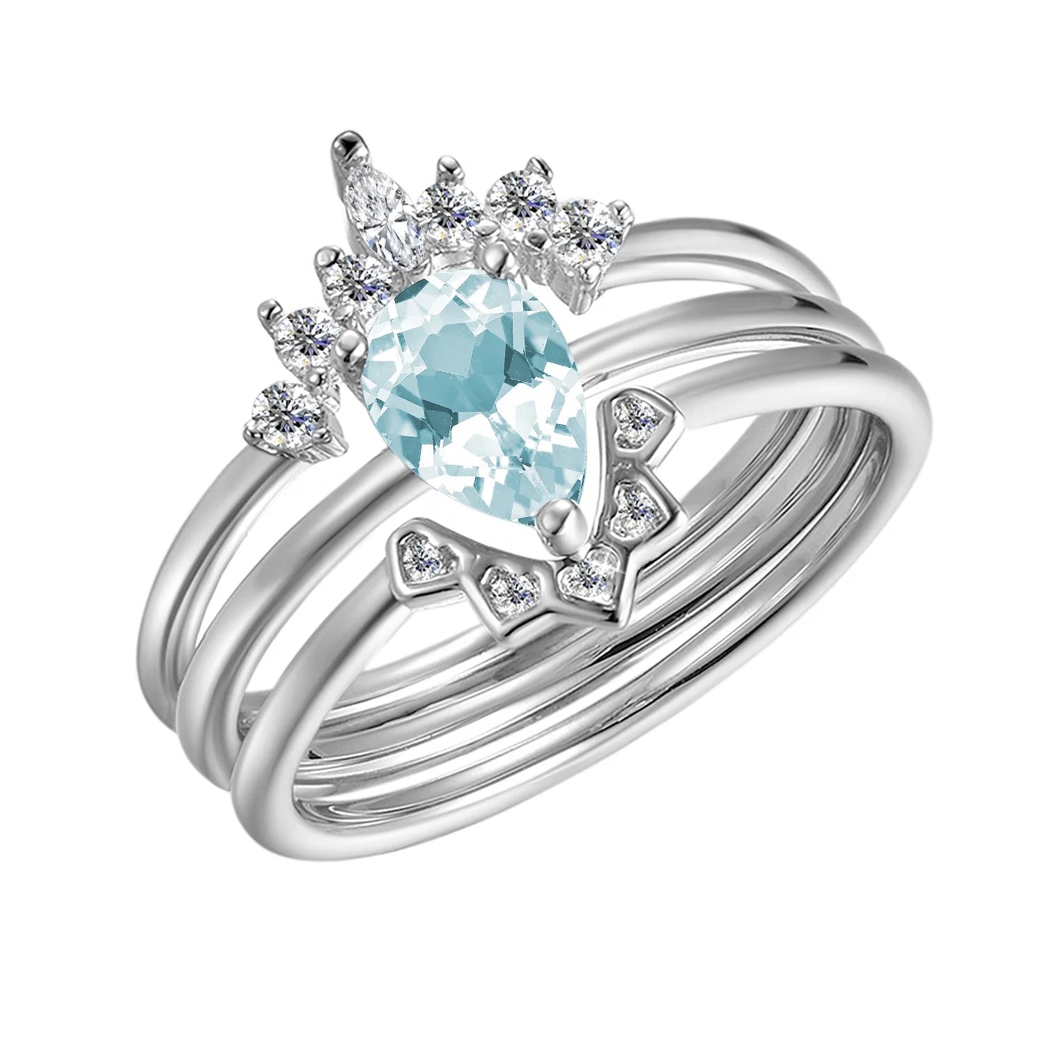 2022 Natural Gem Stone Blue Topaz Jewelry 925 Sterling Silver 3 Piece Wedding Cocktail V Shape Ring Set Destiny Jewellery
