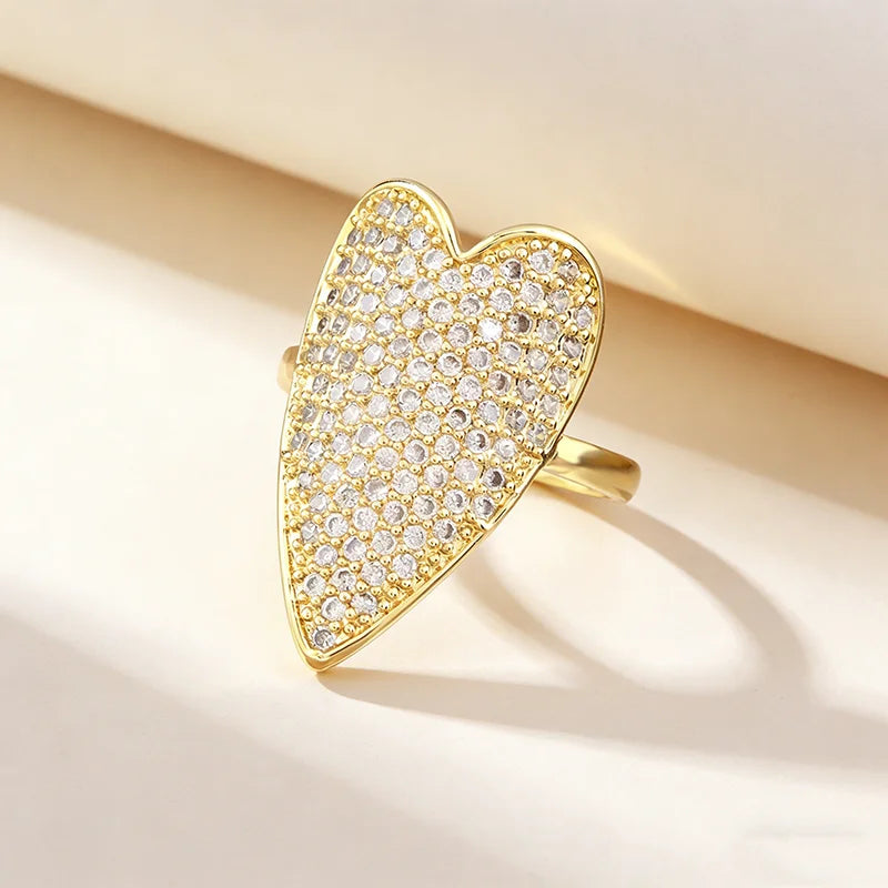 QIKU Luxury Full Crystal Heart Shape Adjustable Opening Ring Gold Color Copper Zircon Charm Finger Jewelry Gift Women Girlfriend