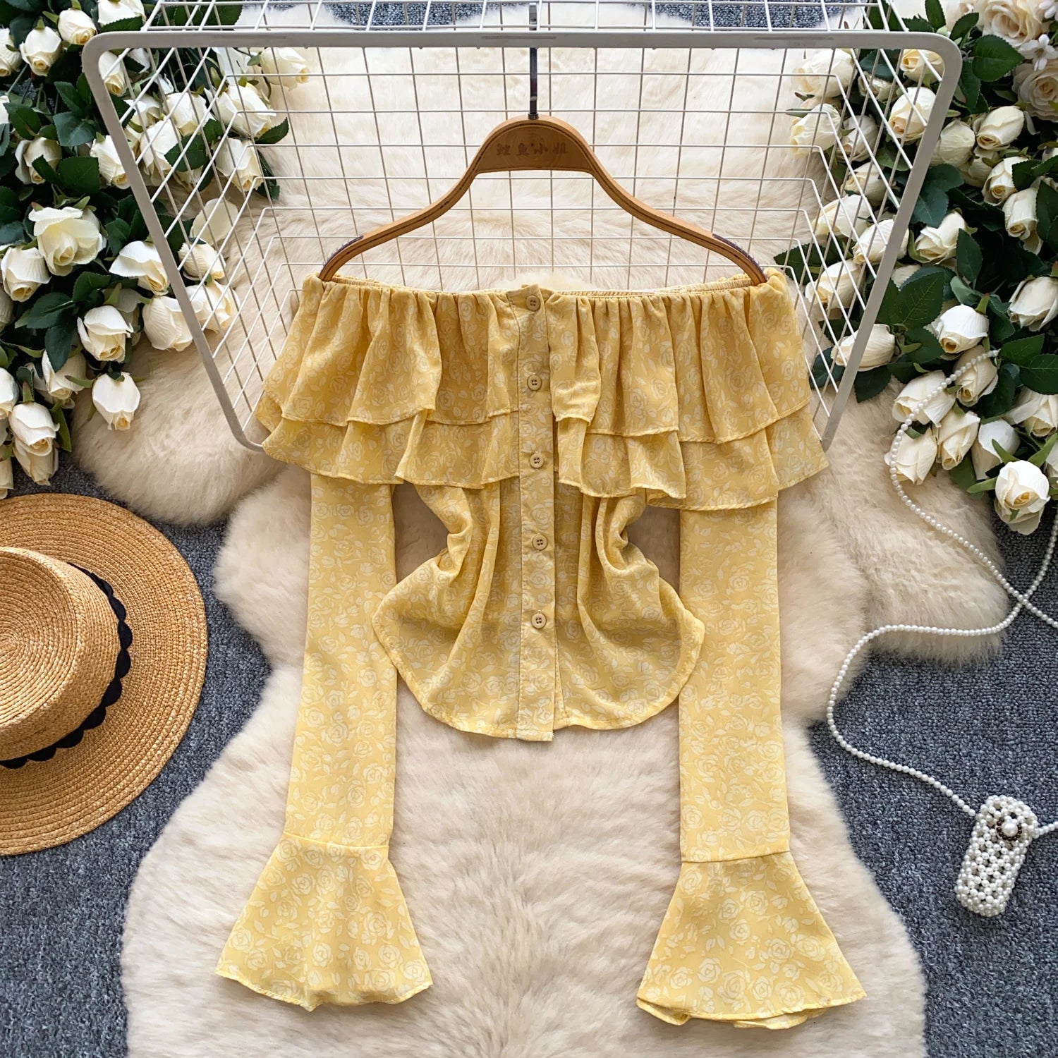 Summer Full Sleeve Vintage Blouses Women Flare Sleeve Solid Ruffles Shirts Ladies Elegant Tops Clothes Women Wholesale