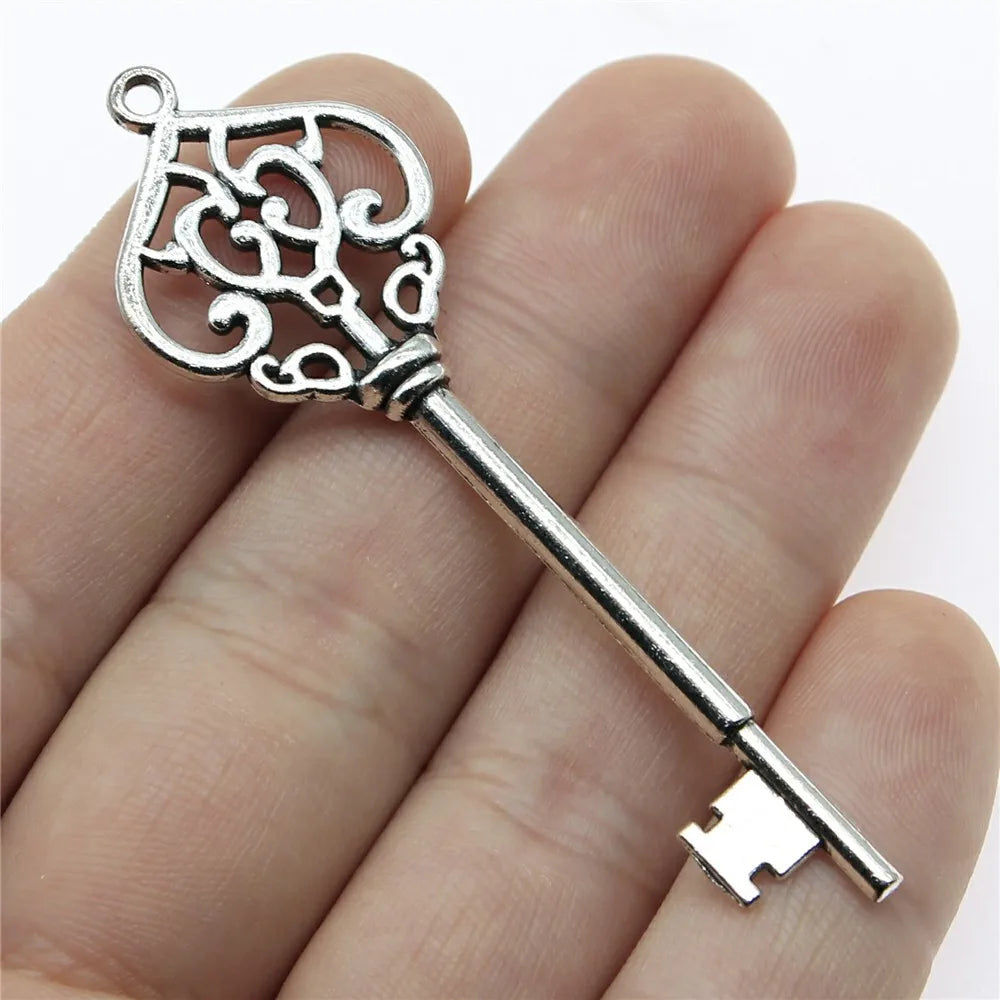 Scrollwork Crown Key Charm 22x69mm Antique Silver Zinc Alloy Pendant for Vintage Wedding Escort Cards MegaBDM