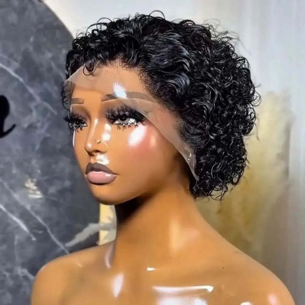 13x4 Lace Front for Pixie Cut Wig T Part Bob 180% Density Curly Wig with Human Hair for Women MegaBDM