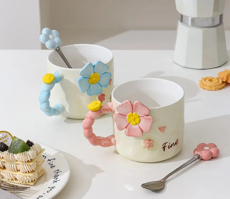 French Luxury Ceramic Cute Mug Coffe Cup Ceramic Coffee  Sun Flower Ceramic Cup pink Blue with  Spoon