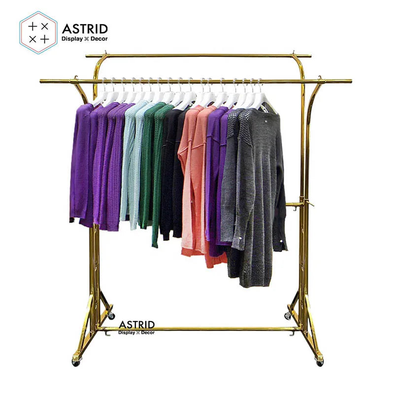 2 LayersGold  pants suits Clothes Display Rack with Movable Wheel Rail