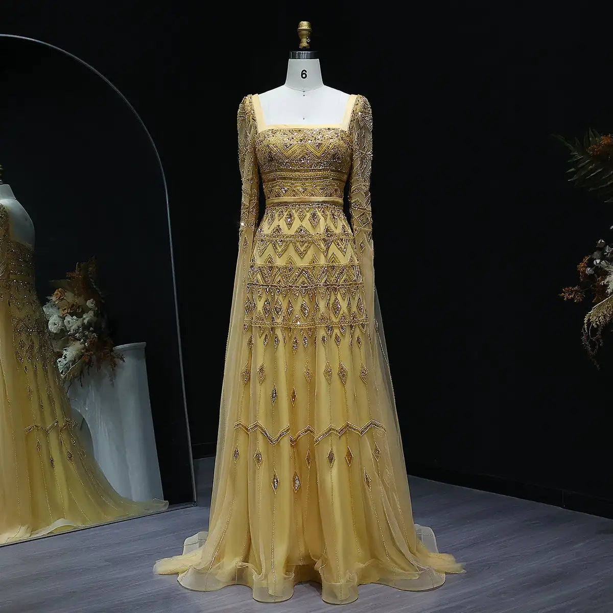 Jancember LSZ461 Crystal Square Collar Yellow Evening Cape Sleeve Prom Dresses