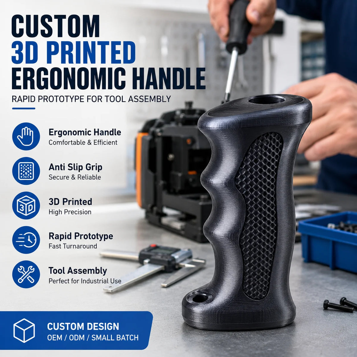 Custom 3D Printed Plastic Ergonomic Handle with Anti Slip Grip Rapid Prototype for Tool Assembly MegaBDM