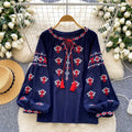 Autumn Full Sleeve O-Neck Casual Blouses Women Lantern Sleeve Solid Embroidery Shirts Ladies Retro Tops Clothes Women Wholesale