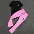 Pink Flared Fleece Pants Black Contrast Panel Custom Logo Top Two Piece High Street Set Drawstring Waist Urban Fit Plus Size