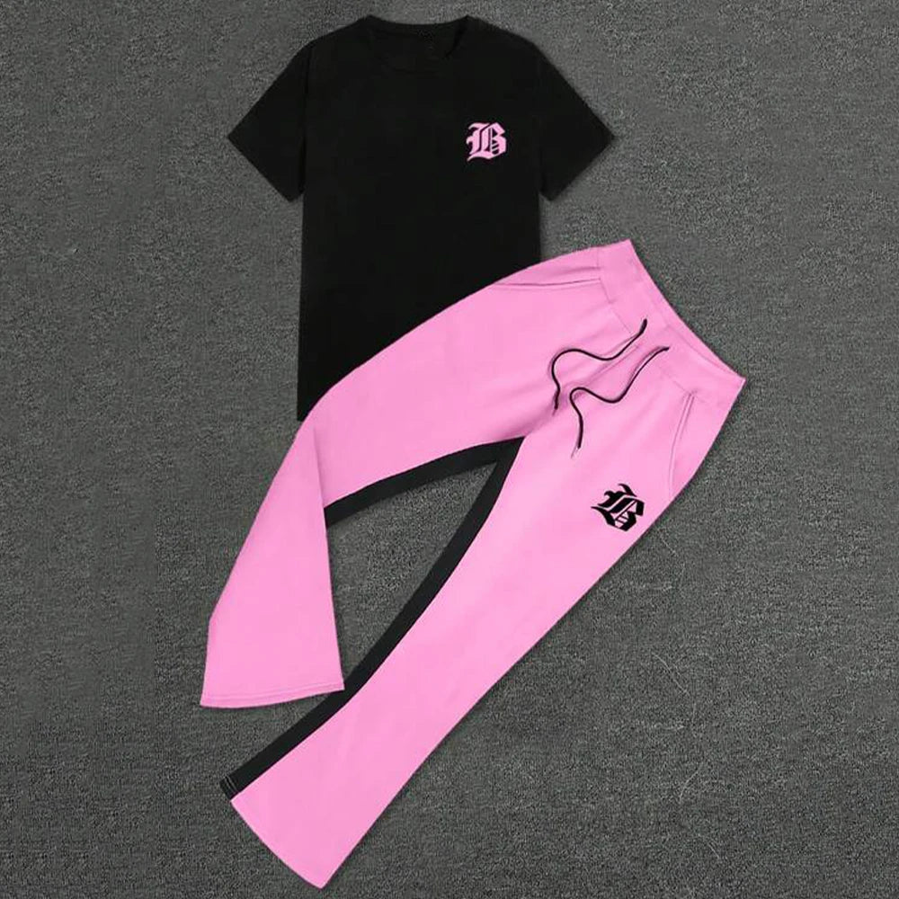 Pink Flared Fleece Pants Black Contrast Panel Custom Logo Top Two Piece High Street Set Drawstring Waist Urban Fit Plus Size