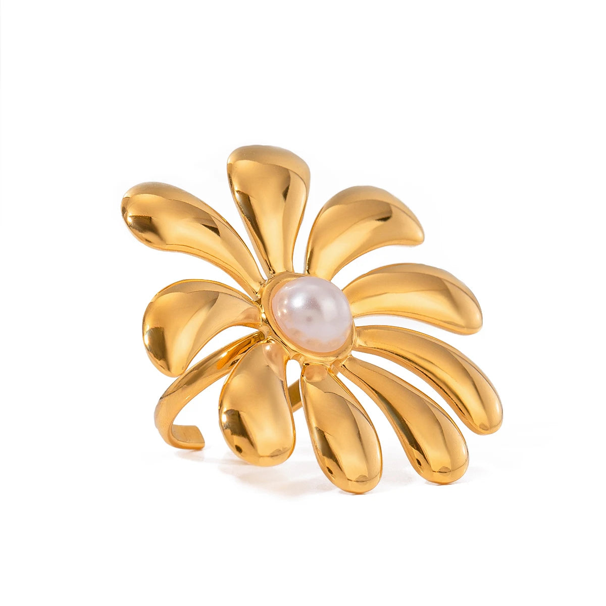 J&D Design Pearl/Sunflower Imitation Pearl Ring 18K PVD Gold Plated Stainless Steel  Ring Bend Opening Ring