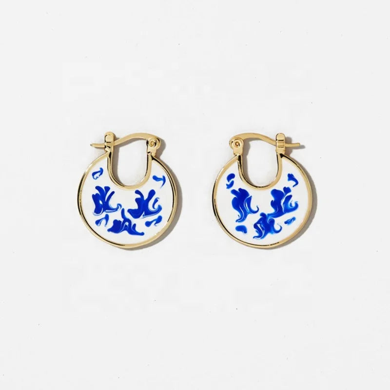 Vintage Womens Blue And White Porcelain Jewelry Ethnic Marble Blue Enamel Oil Drip Ceramic Huggie Hoop Earring