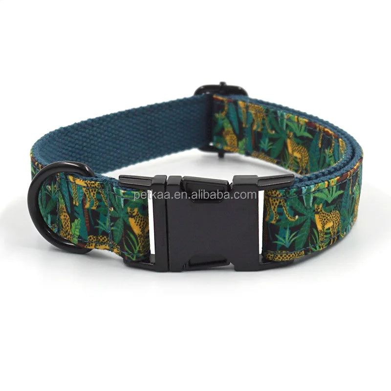 In Stock Jungle Leopard Print Series Dark Green Design Breathable Comfortable Dog Custom Collar Customize Logo Popular Fashion