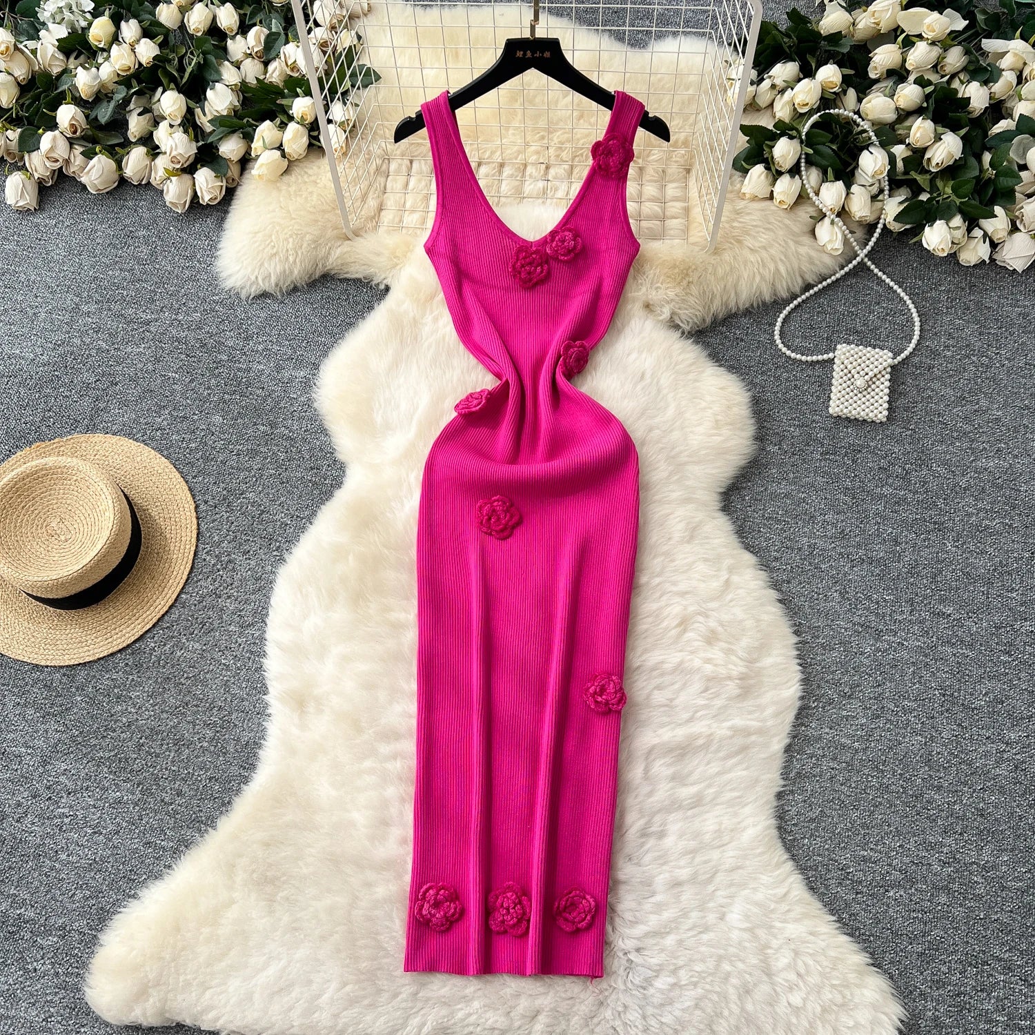 2025 Summer Elegant V-Neck Slim Hip Midi Dress For Women Empire 3D Lace Dress