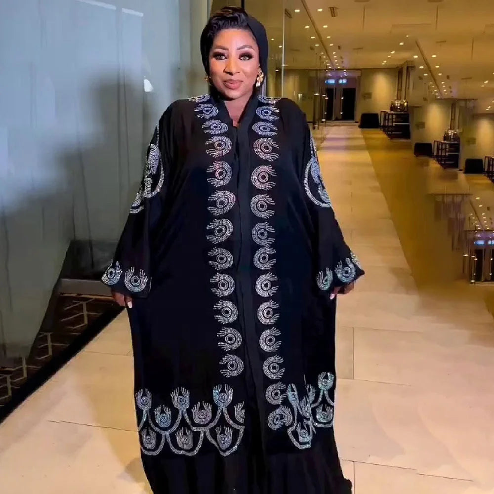 Modest Turkey Luxury Elegant Diamond Stone Abaya Black Dress Long Sleeves Maxi Dresses Robe for Women K0694