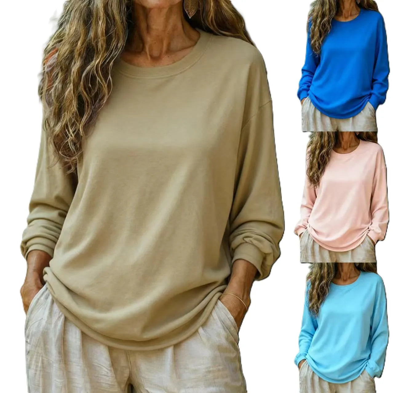 China Bangladesh Factory Price OEM Customized Logo Embroidery Plus Size Womens Casual Loose Long Sleeve Round Neck CVC T Shirt