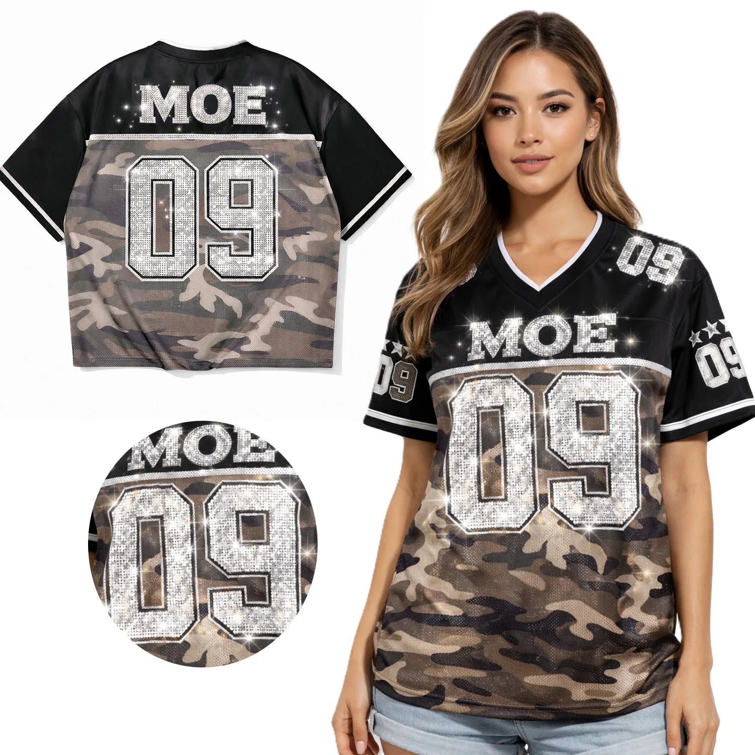 Custom Camo Women Team Uniform Rhinestone V Neck Crystal American Football Jersey Polyester Mesh 220GSM OEM Private Label Bulk