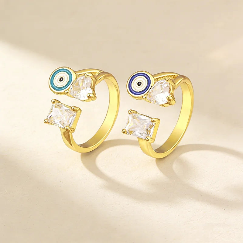 QIKU Oil Dripping Eye White Rhinestone Rings Opening Adjustable Jewelry Copper Zircon Women Gift Party Unusual Accessories