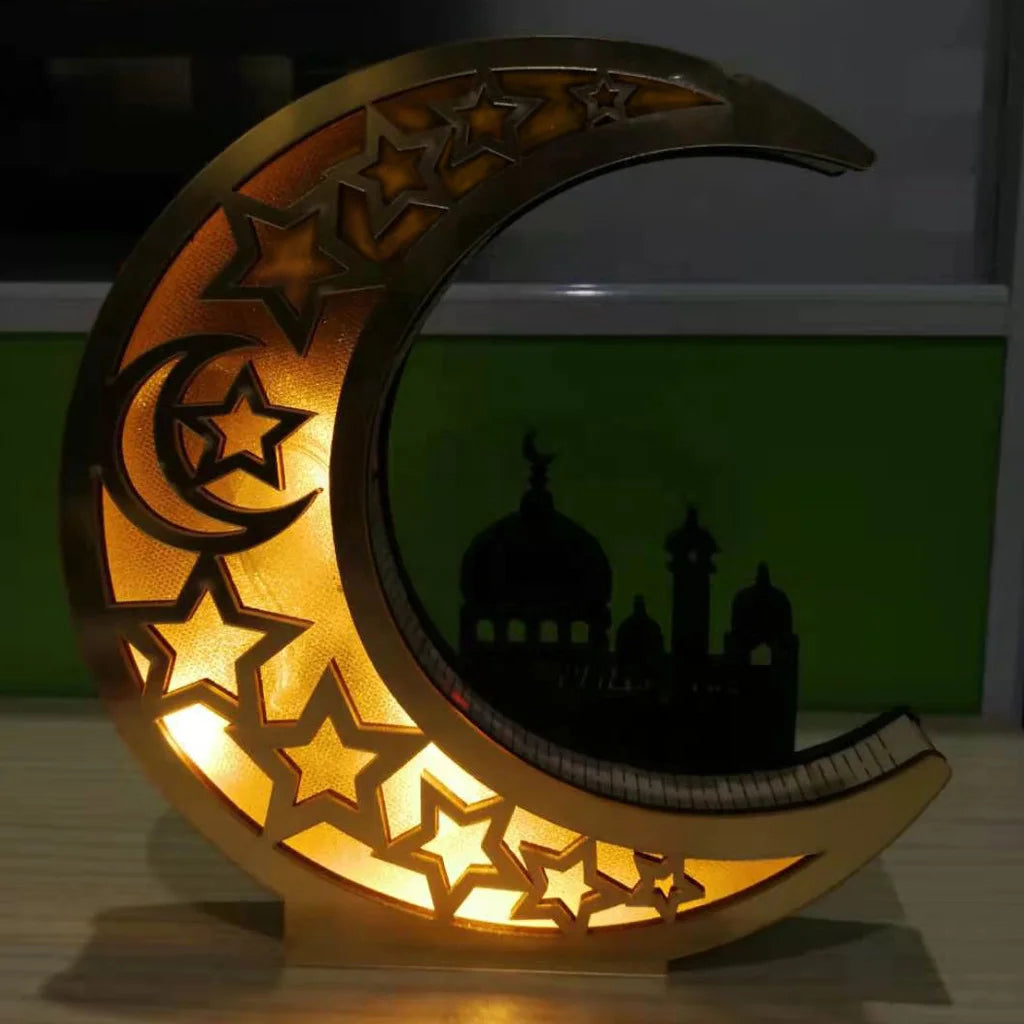 New Muslim Islam Hanging Pendant Eid Mubarak Ramadan Wood Plaque Ornament LED Crescent Moon Novelty Party Centerpiece