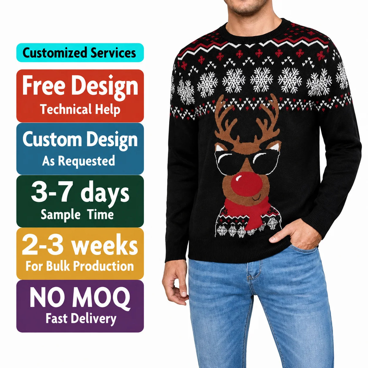 FNJIA Men Crew Neck Pullover Christmas Knit Sweater Cool Reindeer With Sunglasses Snowflake Pattern Long Sleeve Xmas Jumper MegaBDM