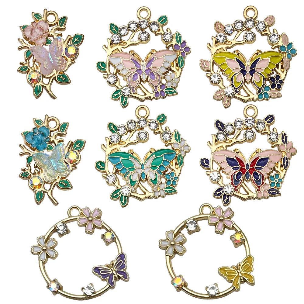 Rhinestone Butterfly Wreath Charm Gold Tone Enamel Floral Branch Pendant for Spring Garden Brooch Pin MegaBDM