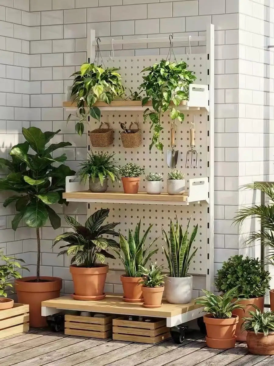 Plant Shelf with Pegboard & Hooks 3-Tier Wooden Rolling Plant Stand with Storage Box Metal Frame Plant Rack with Wheels MegaBDM