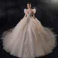 Jancember LSMX065 Empire Puff Sleeve Bridal Ball Gown Women's Wedding Dresses With Long Tail