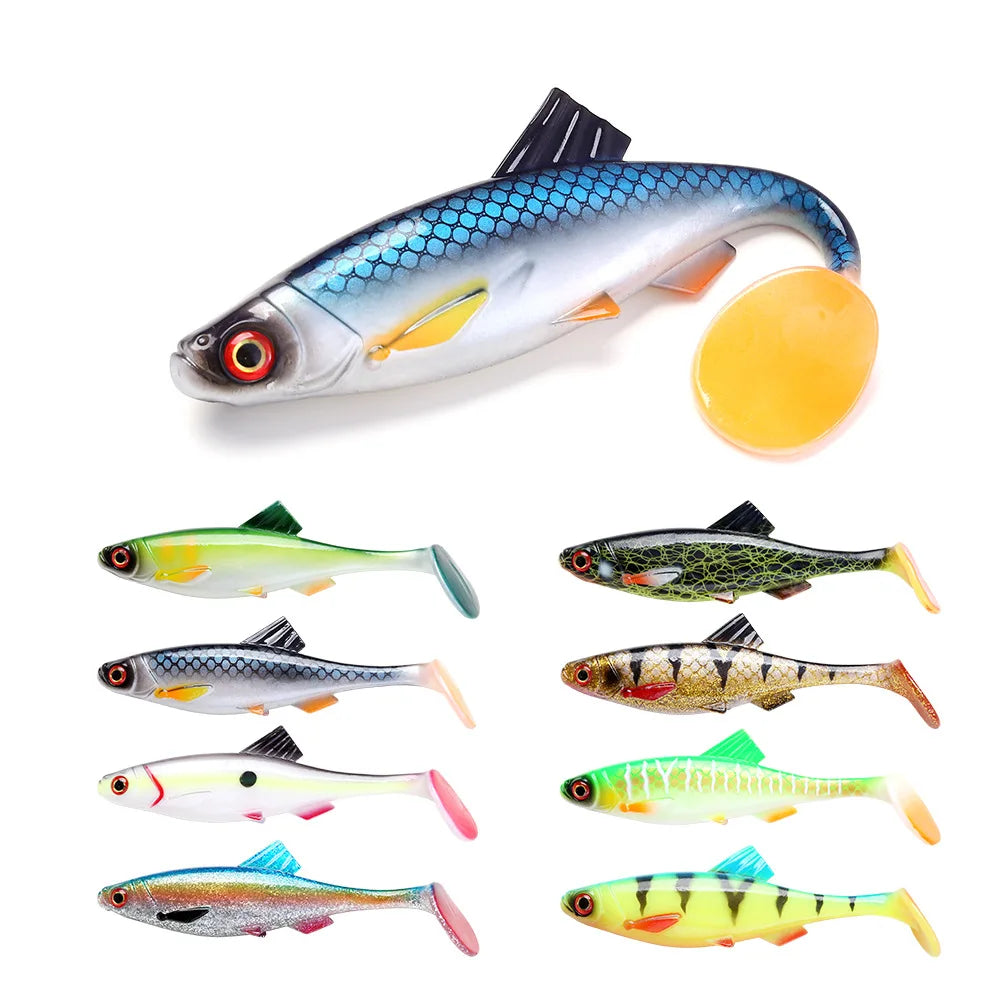 7 Colors 14cm 26g Saltwater Soft Fishing Lure 3D Eyes Artificial Swimbait Midwater Baits TPE T Tail Lure for Snakehead Sea Bass
