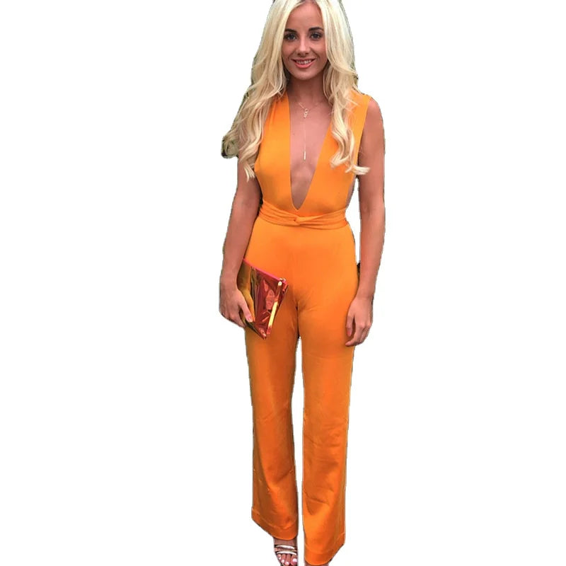 Neutral Deep V Backless Casual Suspenders Long Stretch Wide Leg Pants