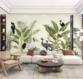 Tropical Wallpaper Vintage Green Forest Wallpaper for Dining Room Livingroom Garden and Jungle Birds Wall Mural