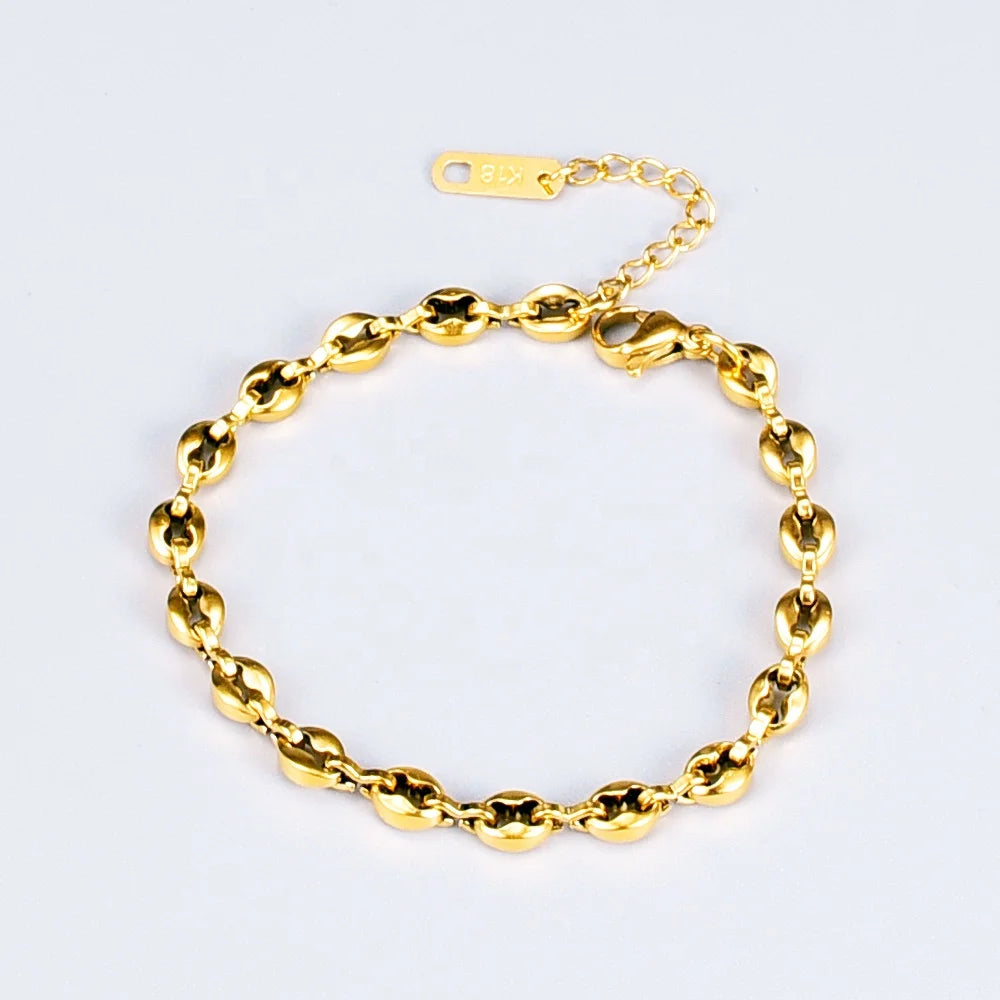 Minimalist Stainless Steel 18k Pvd Gold Plated 4*6mm Coffee Bean Chain Bracelet for Valentine's Day Gift