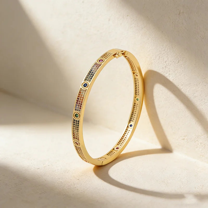 QIKU Luxury Colorful Crystal Copper Zircon Bracelet Inlay Crystal Bangle Women Fashion Jewelry Accessories Versatile Female Gift